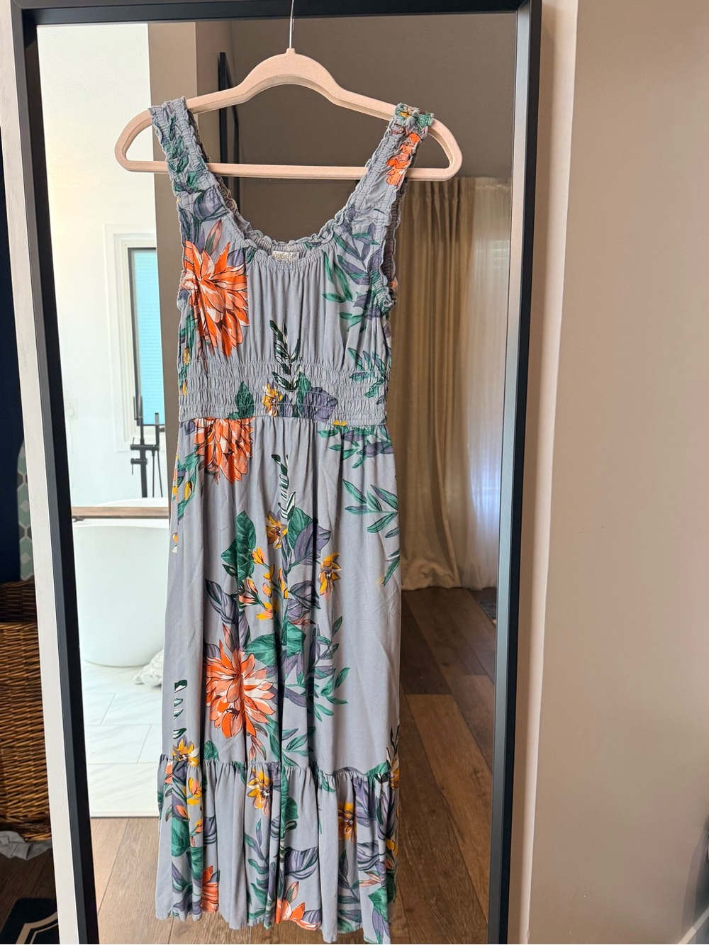Patrons of Peace Light Gray Floral midi Dress with Orange Blooms